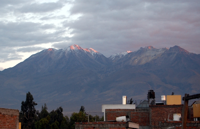 Chachani at Sunset from our roof at Home Sweet Home Chachani Volcano during sunset in Arequipa, Peru