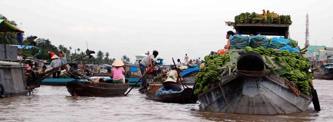 Floating river market on the Mekong in Vietnam