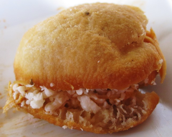 Chicken and cheese filled arepa at Crispy y Relleno in Pinones, Puerto Rico