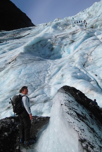 Megan getting ready to ascend Franz Josef Glacier in New Zealand